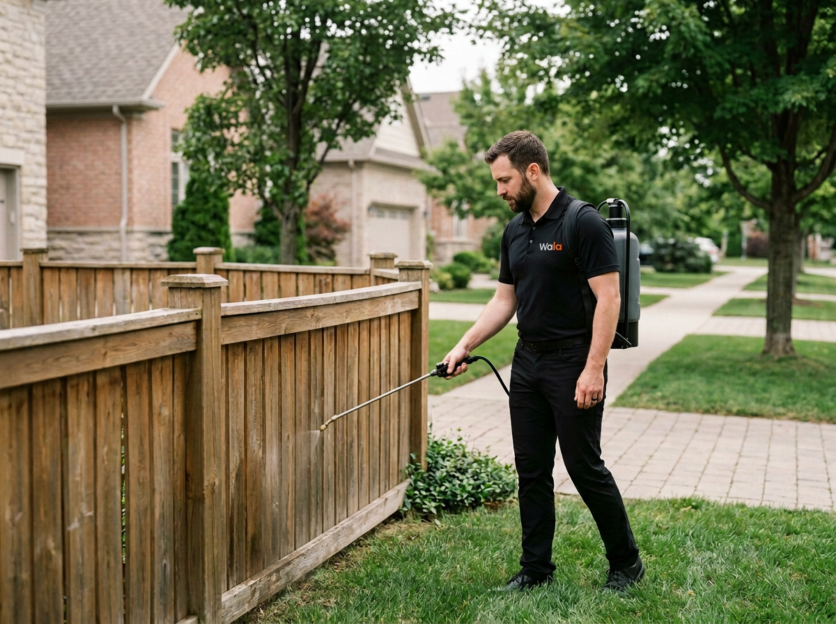 Male wala technician in black uniform and backpack sprayers kills pests or weeds near a wooden fence in a suburban neighborhood with trees and houses in the background.