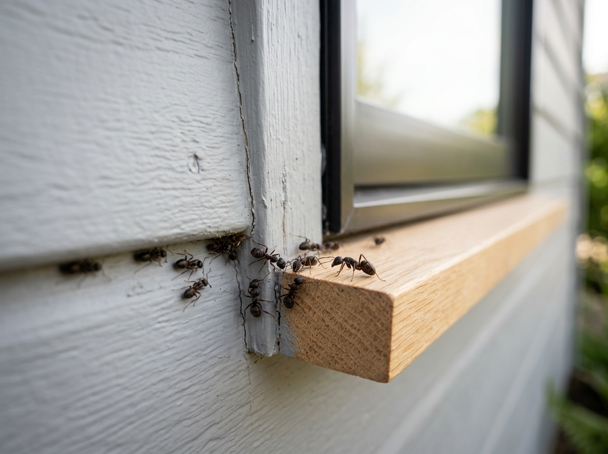 Close-up of ants on the corner of a house's window sill, which is painted white with some gray areas. The window frame is black, and the house's exterior has white siding. Ants are crawling around the corner and on the wooden window sill.