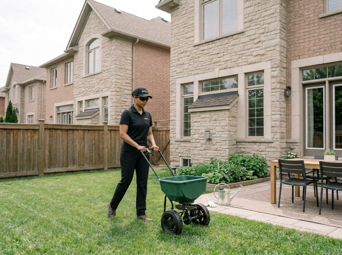 Wala female pest control technician using a spreader in a backyard with green grass, shrubs, and patio furniture, near a house with stone and brick exterior.