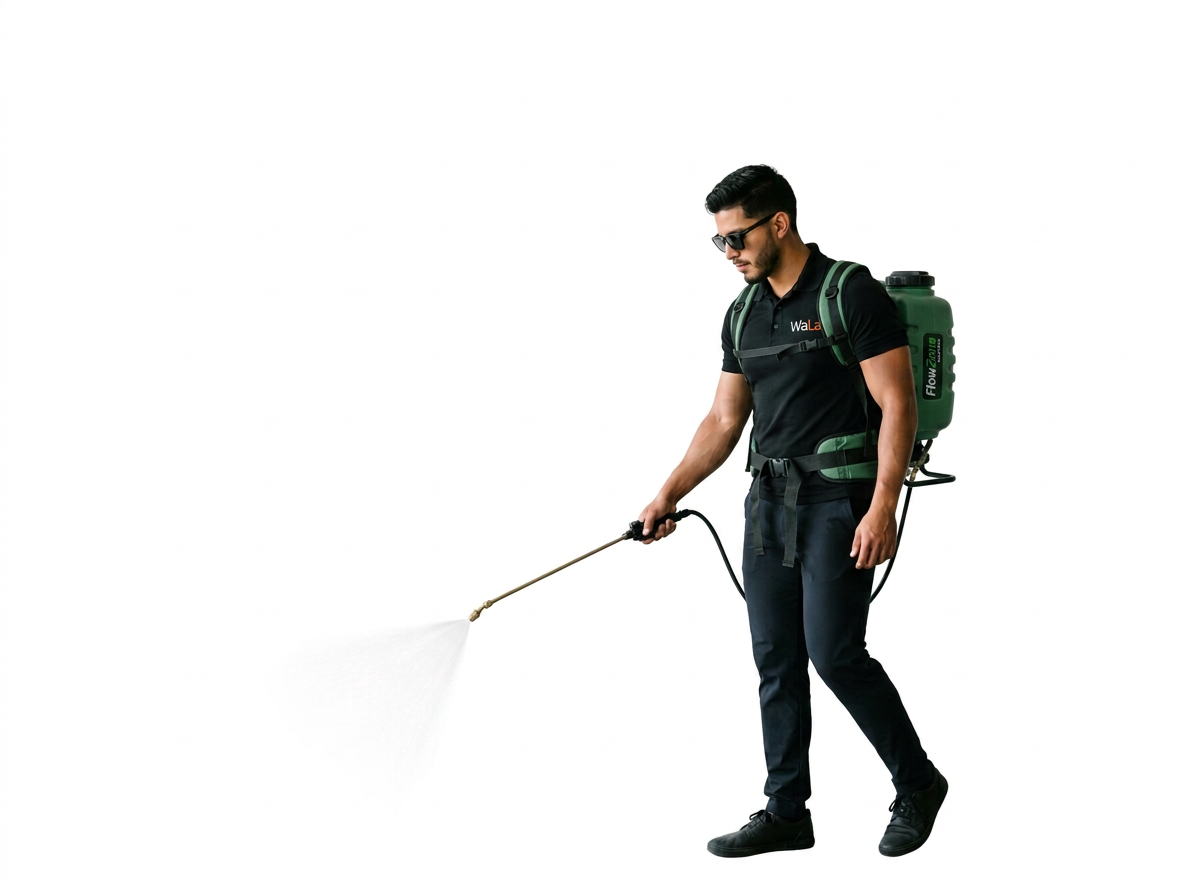 A man dressed in black, wearing sunglasses and a backpack, holding a spray nozzle, spraying pest control treatment, with a white background.
