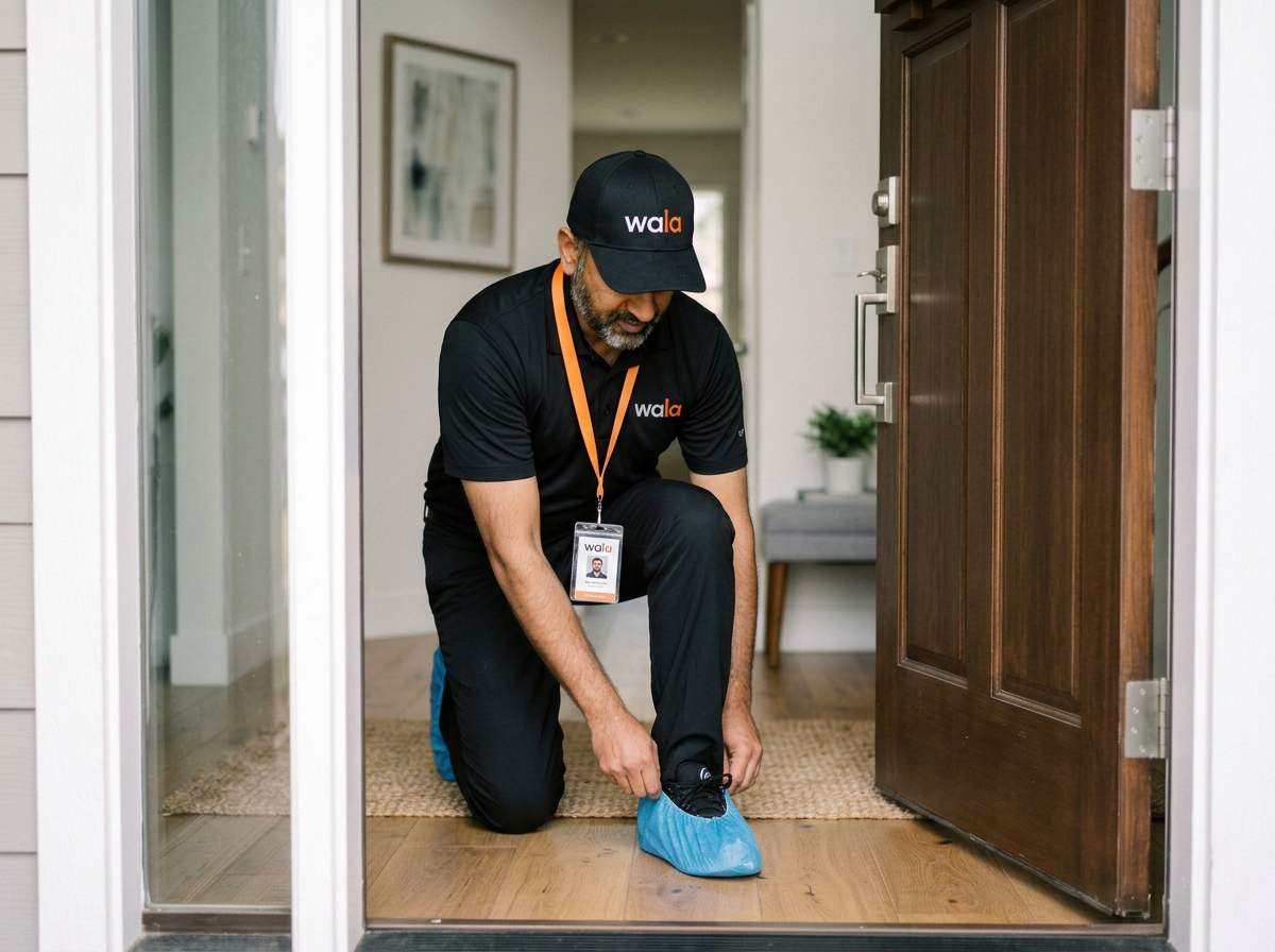 Wala pest control technician  kneeling at the front door of a house tying his shoelaces while wearing a Wala uniform and a name badge.