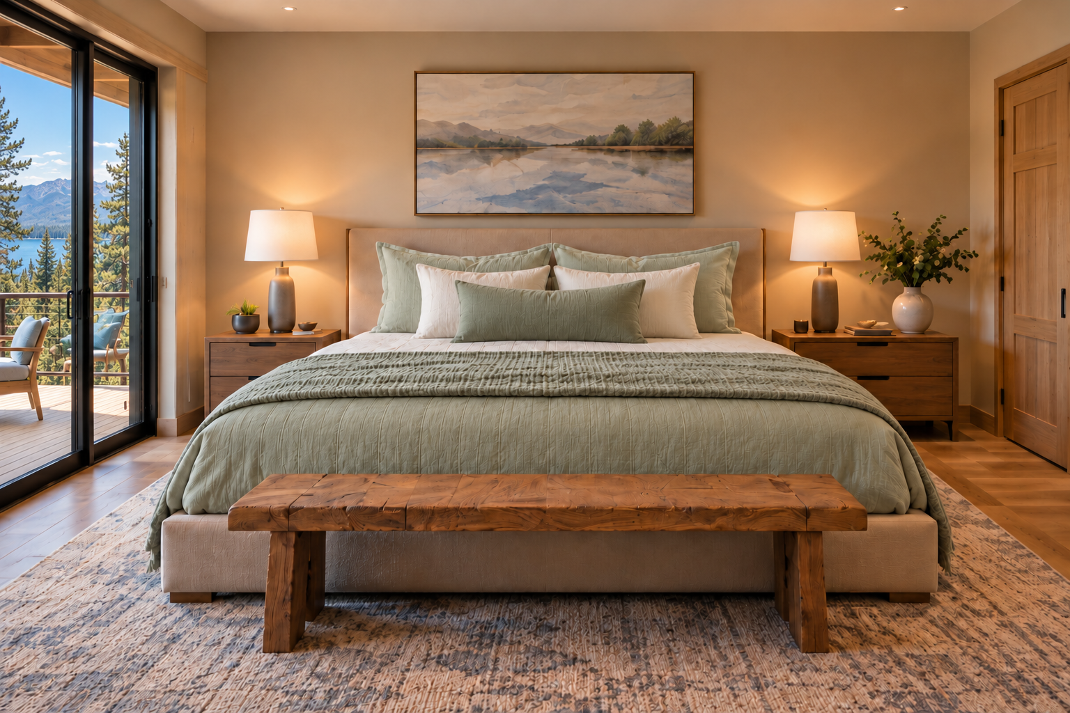 Bedroom overlooking pines, lake, and mountains.png