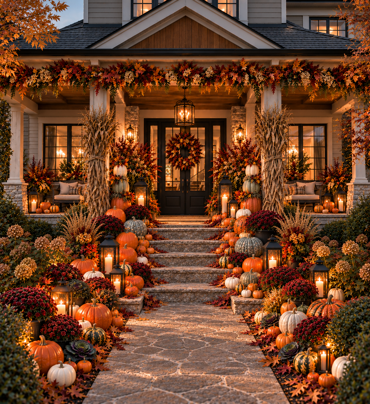 Decorated autumn porch with pumpkins, gourds, flowers, candles, lanterns, and fall foliage, leading up to a black front door with a wreath, illuminated by warm lighting.