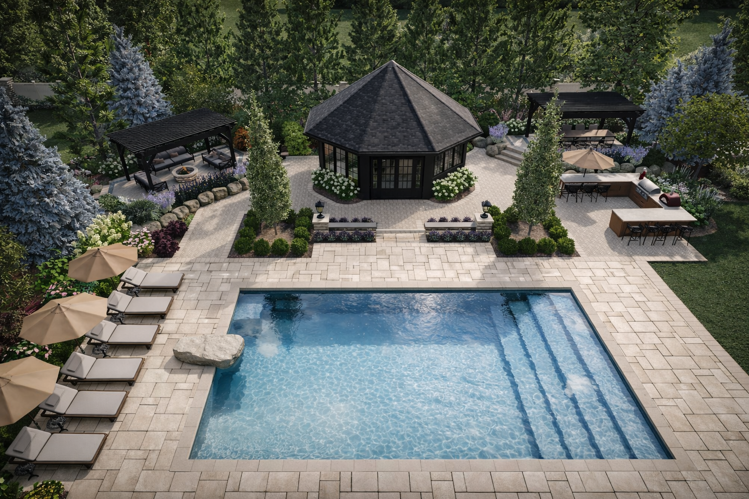A backyard with a rectangular swimming pool, lounge chairs with umbrellas, a pool house, and landscaped garden with trees and flowers.