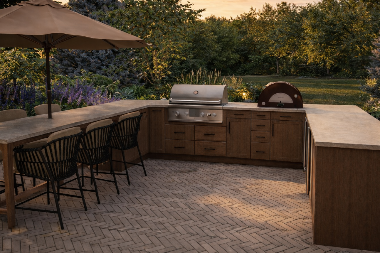 Outdoor kitchen with a bar counter, chairs, a grill, a pizza oven, and a large patio umbrella, surrounded by trees and garden during sunset.
