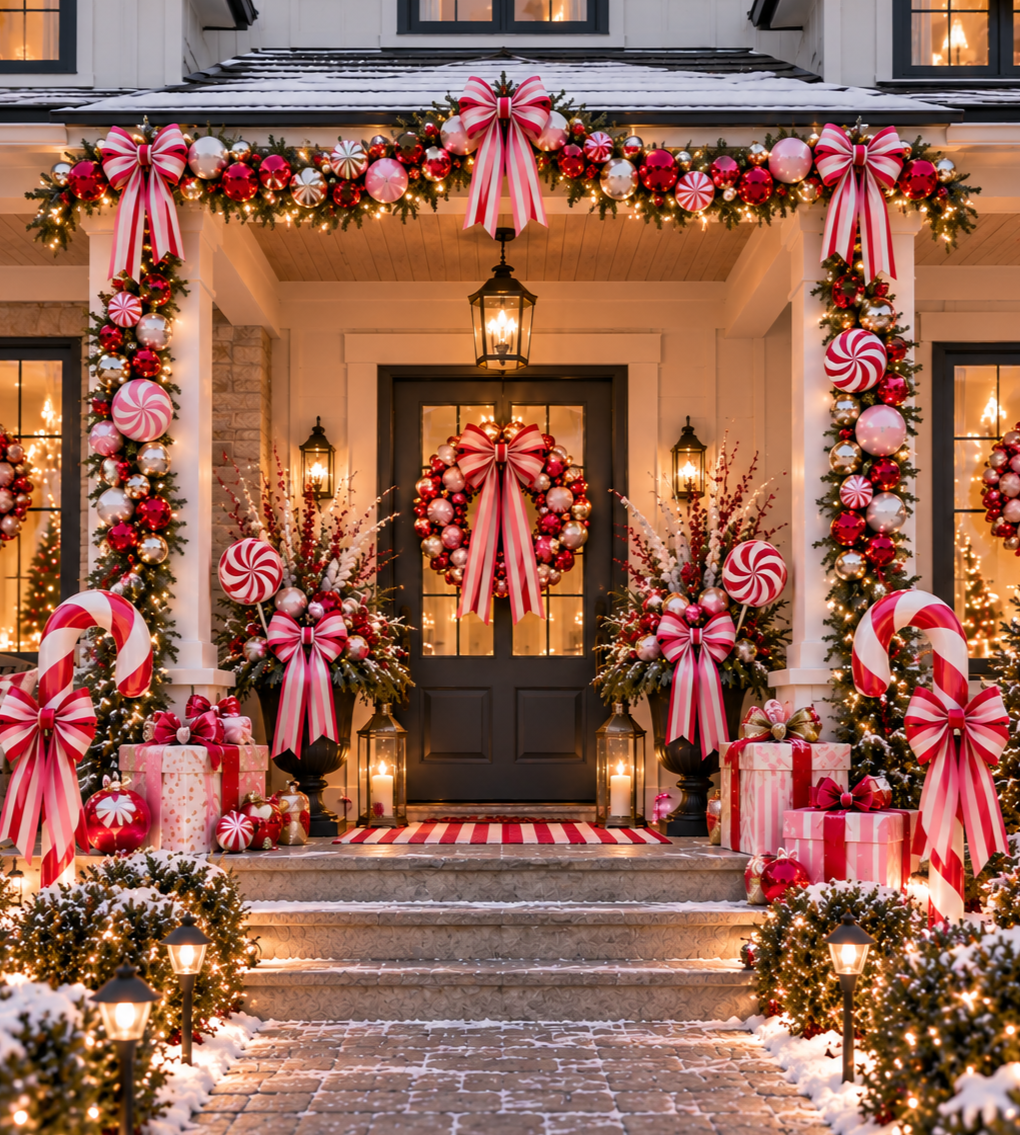 Christmas decorated house entrance with garlands, large bows, candy canes, ornaments, wrapped gifts, candle lanterns, and snow.