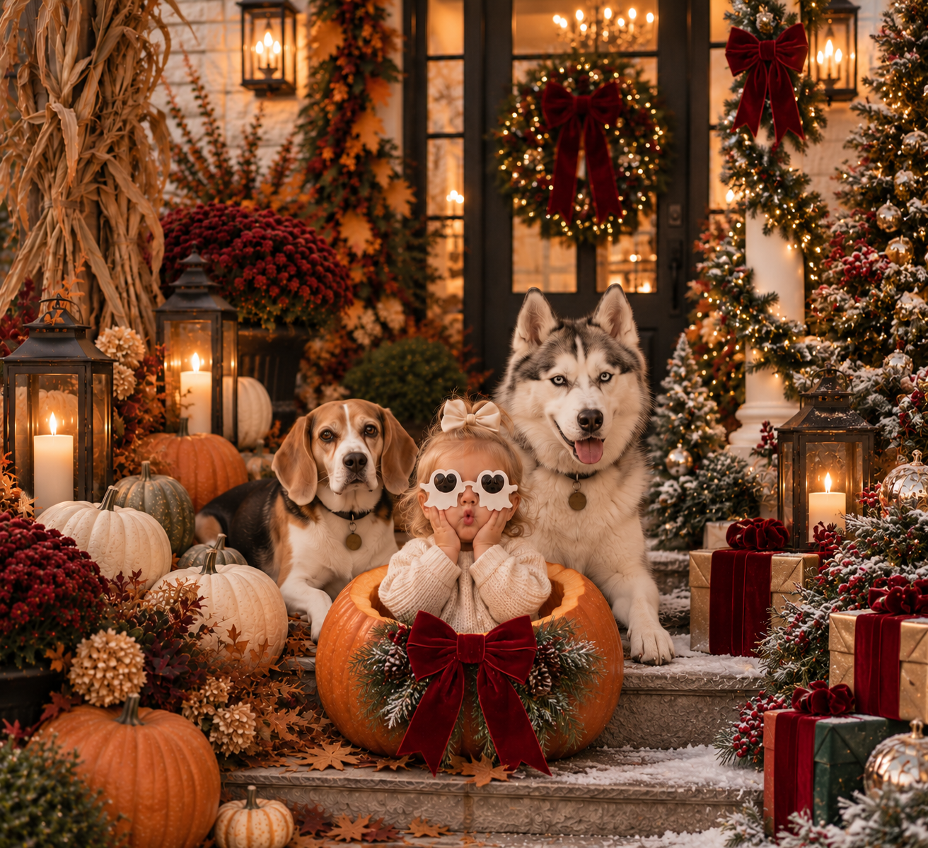 A young girl with curly hair wearing sunglasses and a bow, sitting inside a pumpkin, surrounded by pumpkins, autumn leaves, and Christmas decorations. Two dogs, a beagle and a husky, sit beside her. The scene is decorated with Christmas trees, wreaths, candles, and wrapped presents, creating a festive holiday atmosphere at the front porch of a house.