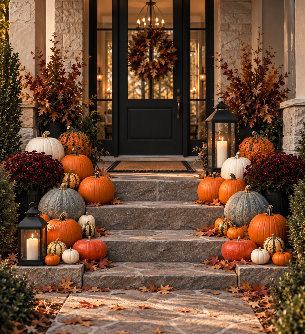 Decorative pumpkins, lanterns with candles, and fall foliage on front steps of house with a wreath on the door, autumn leaves scattered on ground.