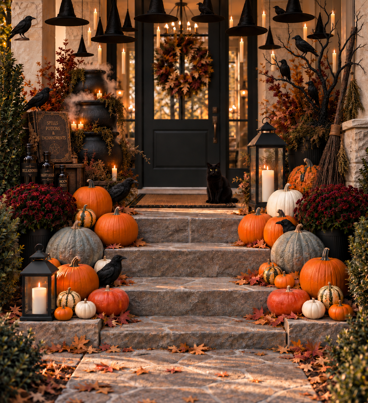 A decorated porch with pumpkins, gourds, candles, black crows, and a black cat, set for Halloween or fall autumn season.