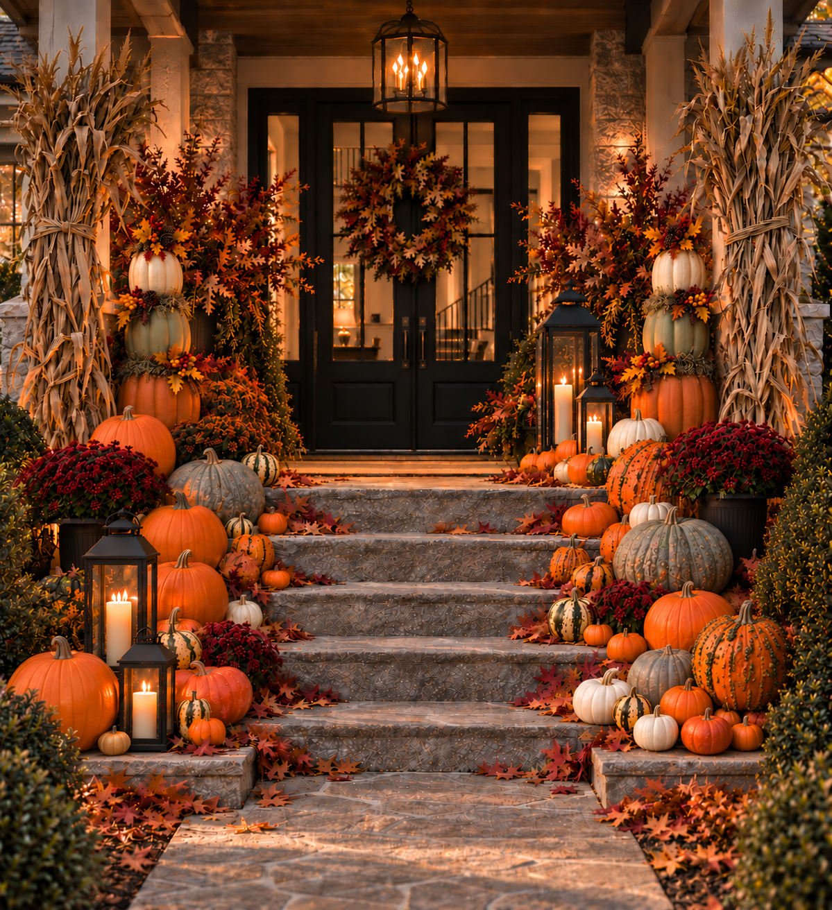 Front porch decorated with pumpkins, candles, lanterns, and fall foliage for autumn or Thanksgiving celebration.