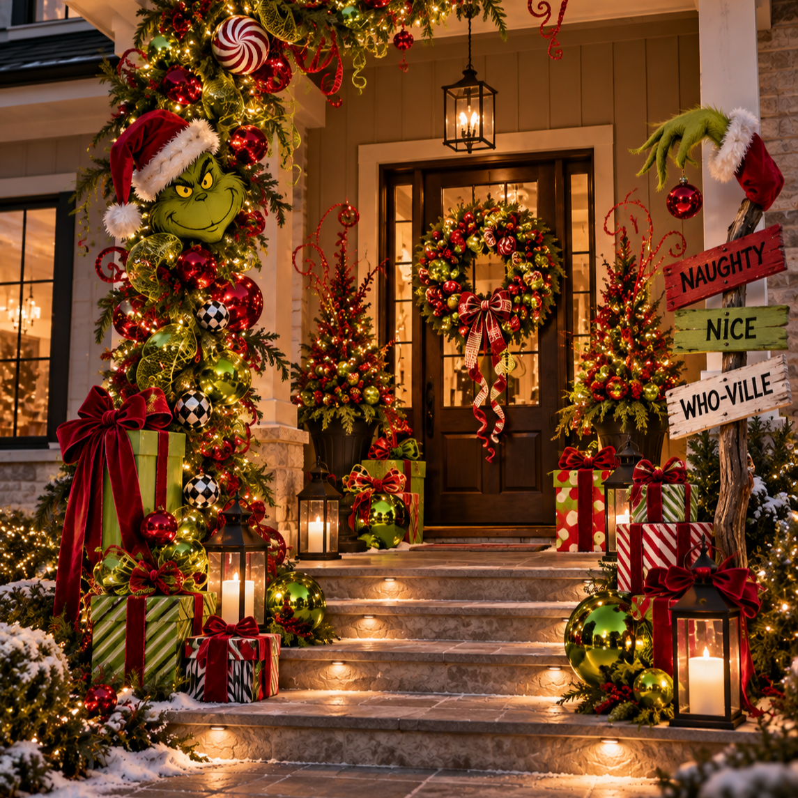 Festively decorated front porch with Christmas lights, ornaments, wrapped presents, greenery, and a wreath, featuring a Grinch-themed Christmas figure with a Santa hat, and a sign with humorous Christmas words.
