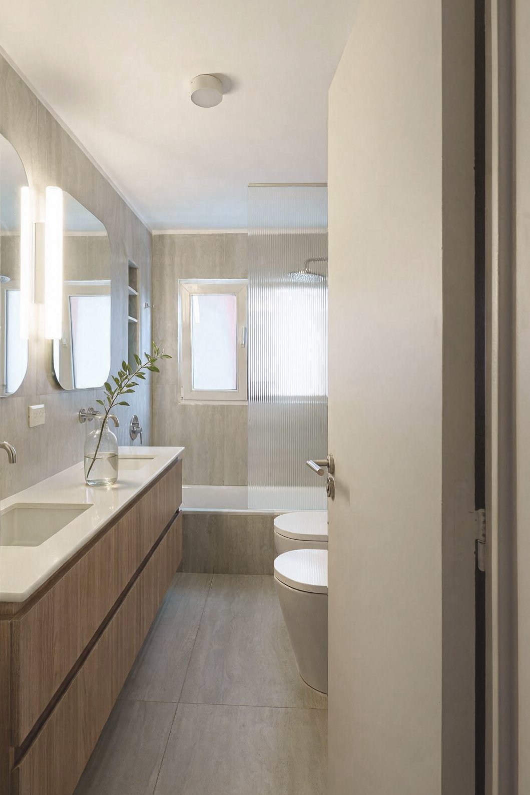 Baño con doble bacha, espejo grande, ducha de vidrio con puerta texturada y ventana — proyecto de reforma en Buenos Aires