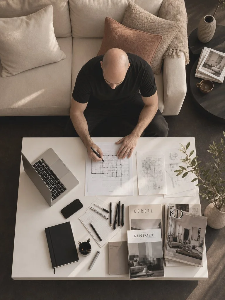 Mauro Formento, arquitecto, trabajando en planos sobre un escritorio blanco con notebook, cuadernos y revistas de diseño de interiores
