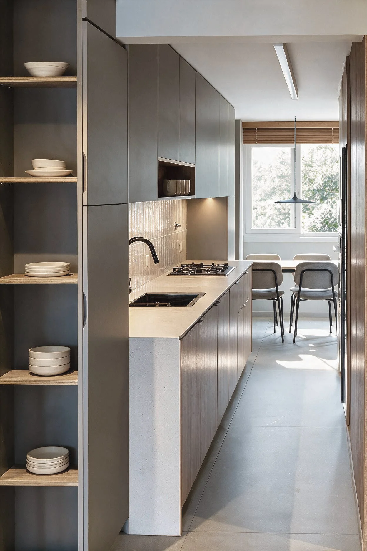 Cocina con muebles en gris y madera, mesada blanca, comedor con cuatro sillas y lámpara colgante — proyecto de reforma en CABA