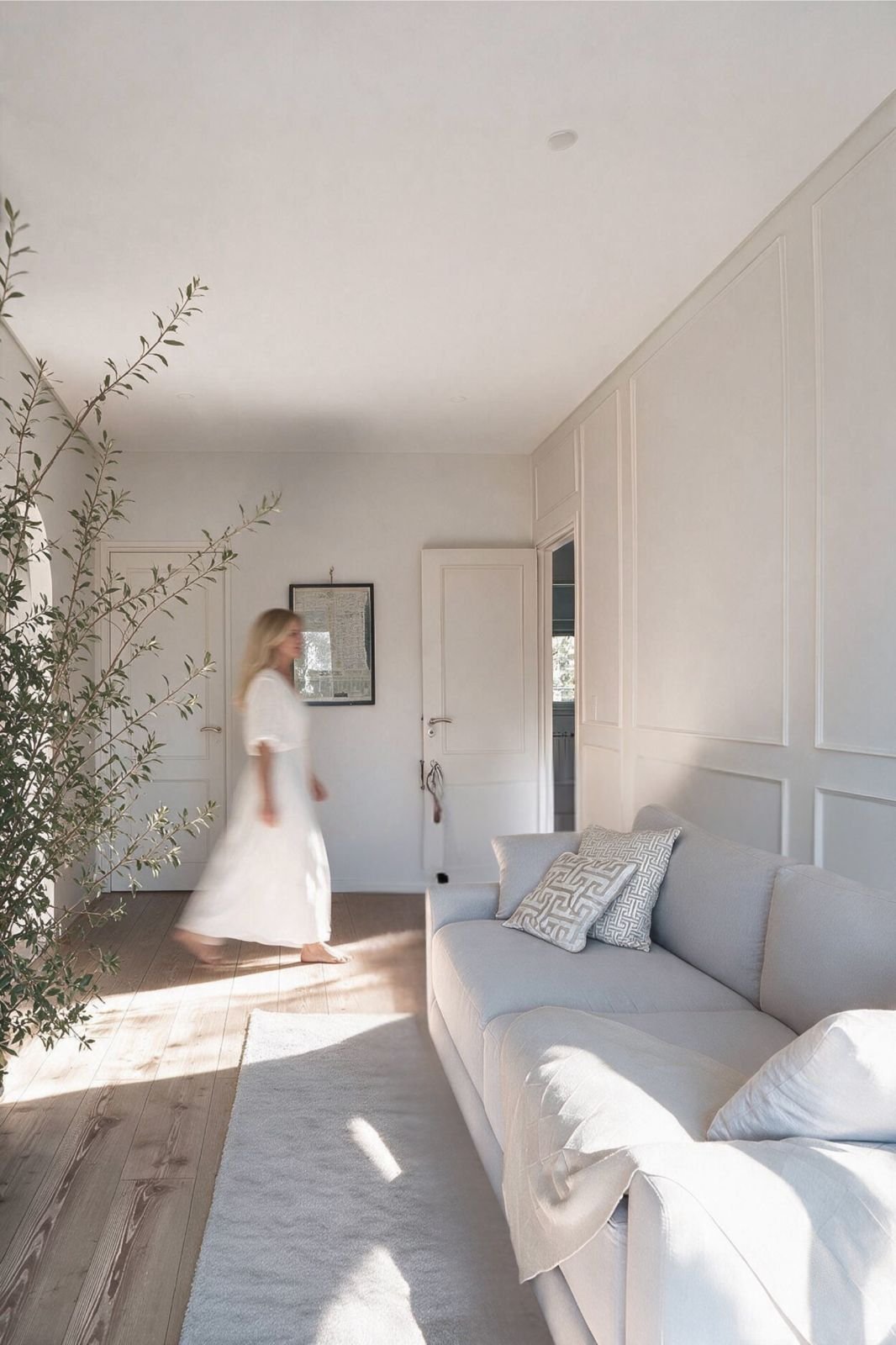 Living luminoso con sillón blanco, almohadones estampados, cuadro enmarcado y planta junto a ventanal — proyecto de interiorismo en Buenos Aires