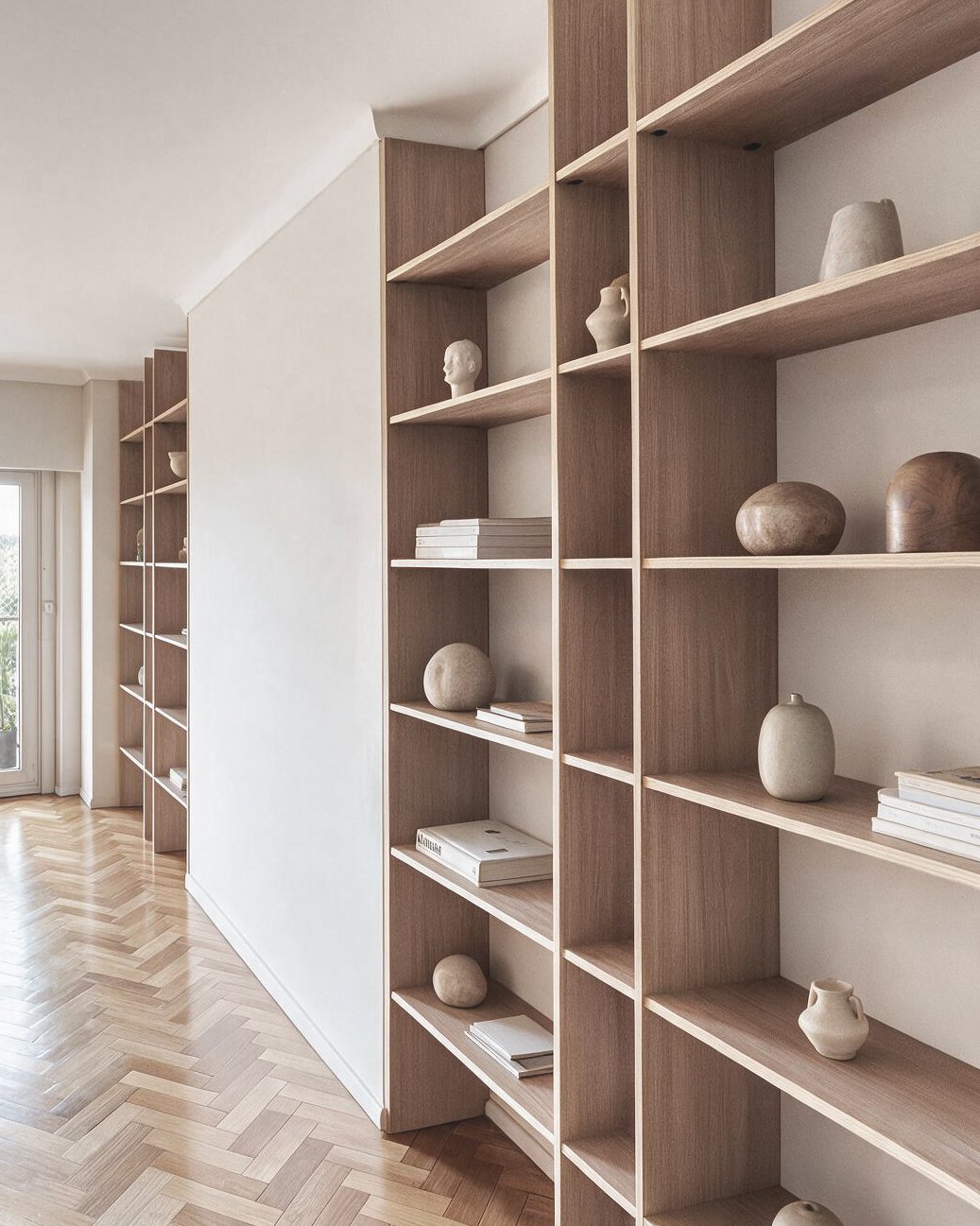 Biblioteca de madera con objetos decorativos, piso en espiga y puerta vidriada hacia el exterior — proyecto de interiorismo en CABA