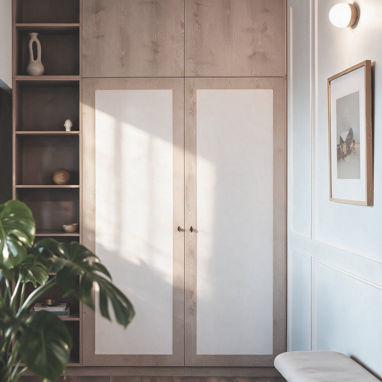 Vestidor con placard empotrado de madera, banco tapizado, cuadro y luz de pared — proyecto de interiorismo en Buenos Aires