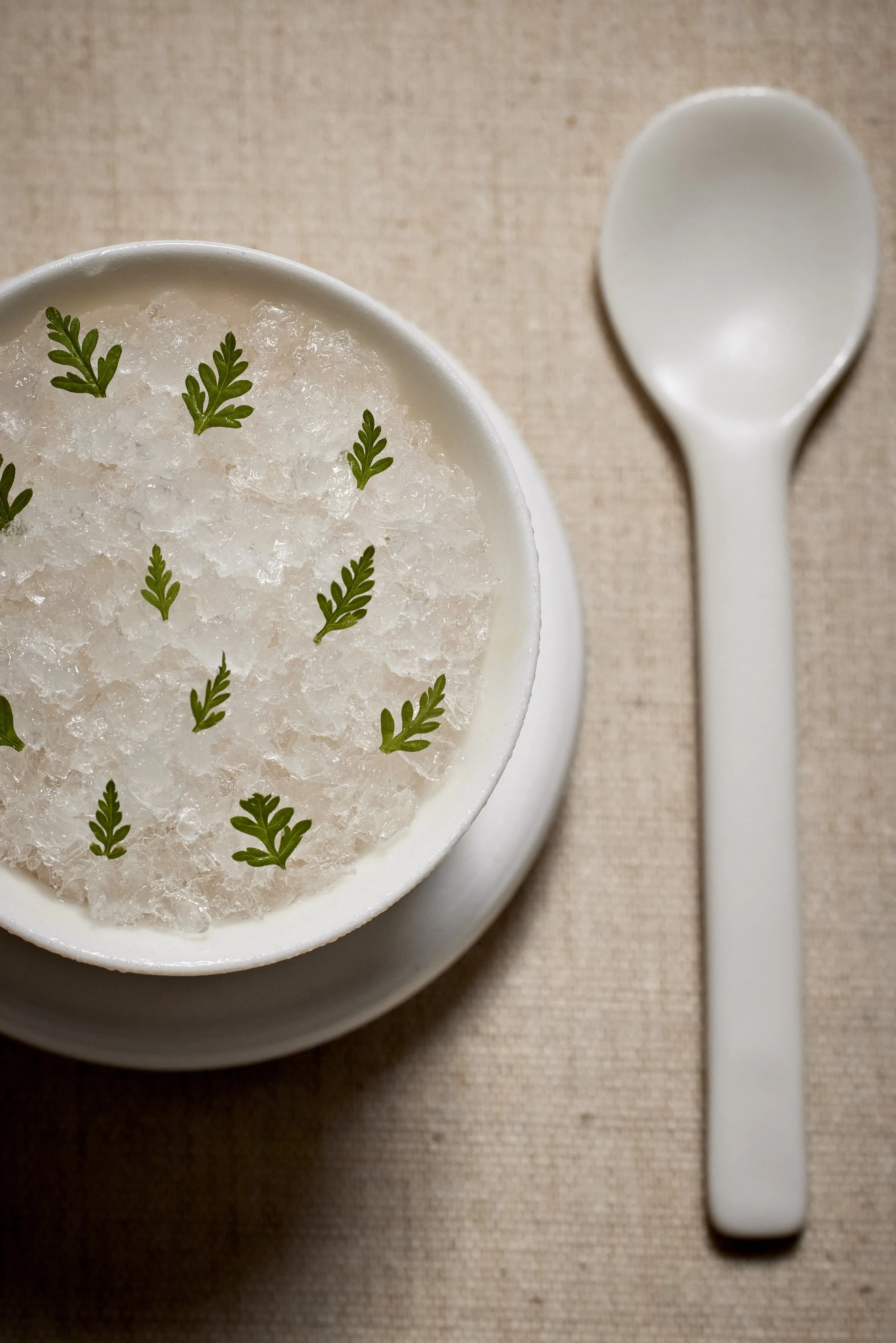 Lactic fermented pear juice with lovage ice cream, reduced rhubarb juice and lemon verbena.