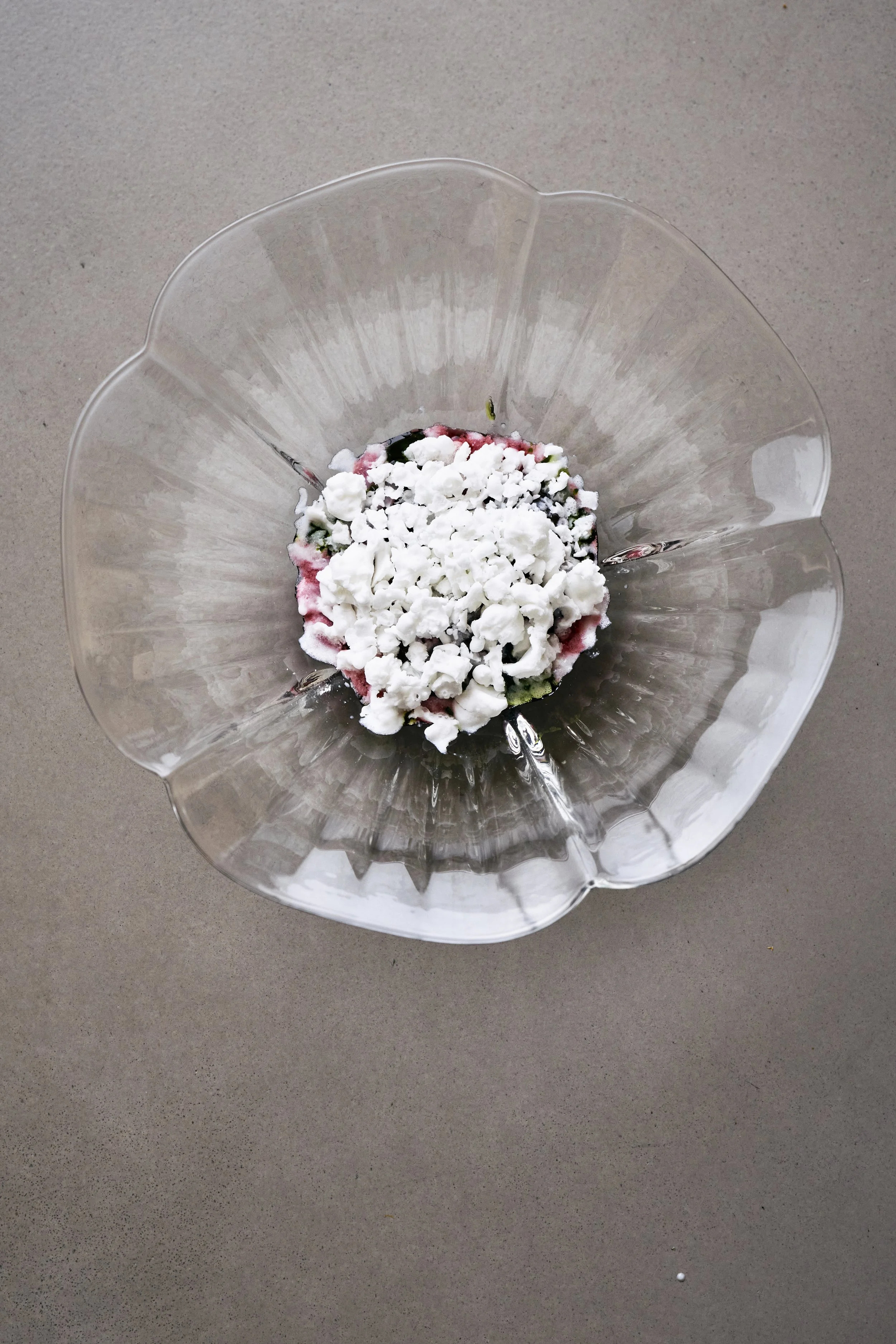 A jelly of crab apple with fermented cherry juice and fig leaf oil with Jersey milk ice cream
