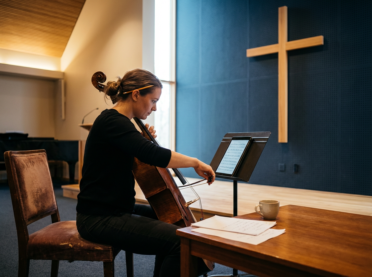 A woman practicing a cello in a church or chapel, with a wooden cross on the wall behind her and sheet music on a music stand.