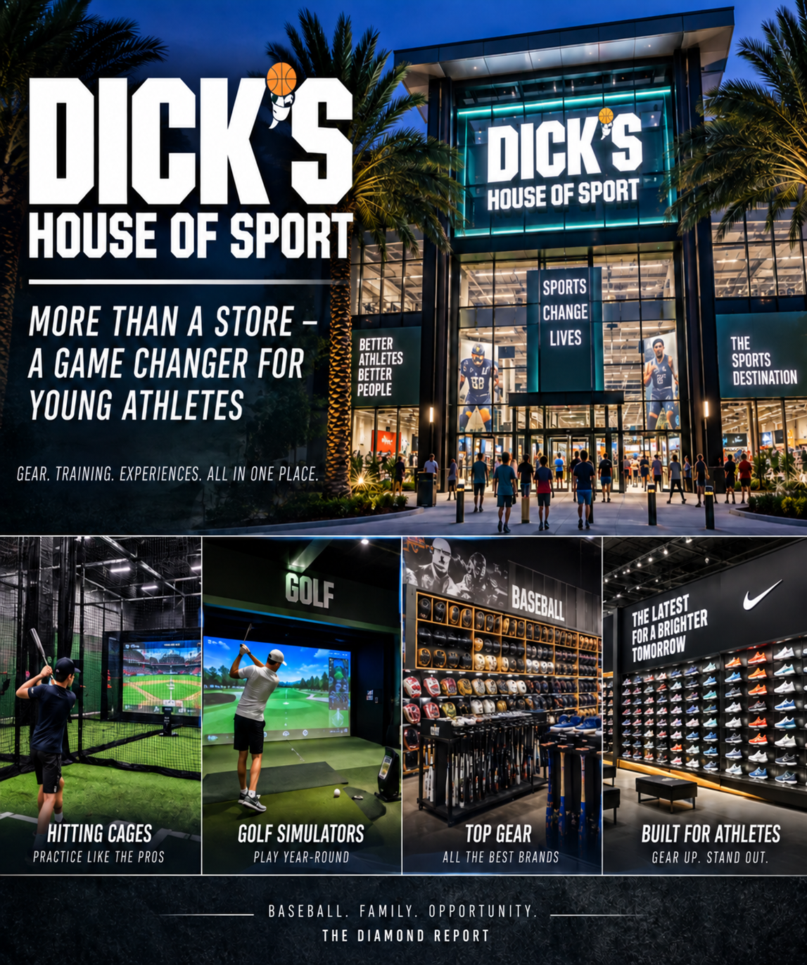 DICK’S House of Sport editorial graphic featuring batting cages, golf simulators, sports equipment and the exterior of a House of Sport location.