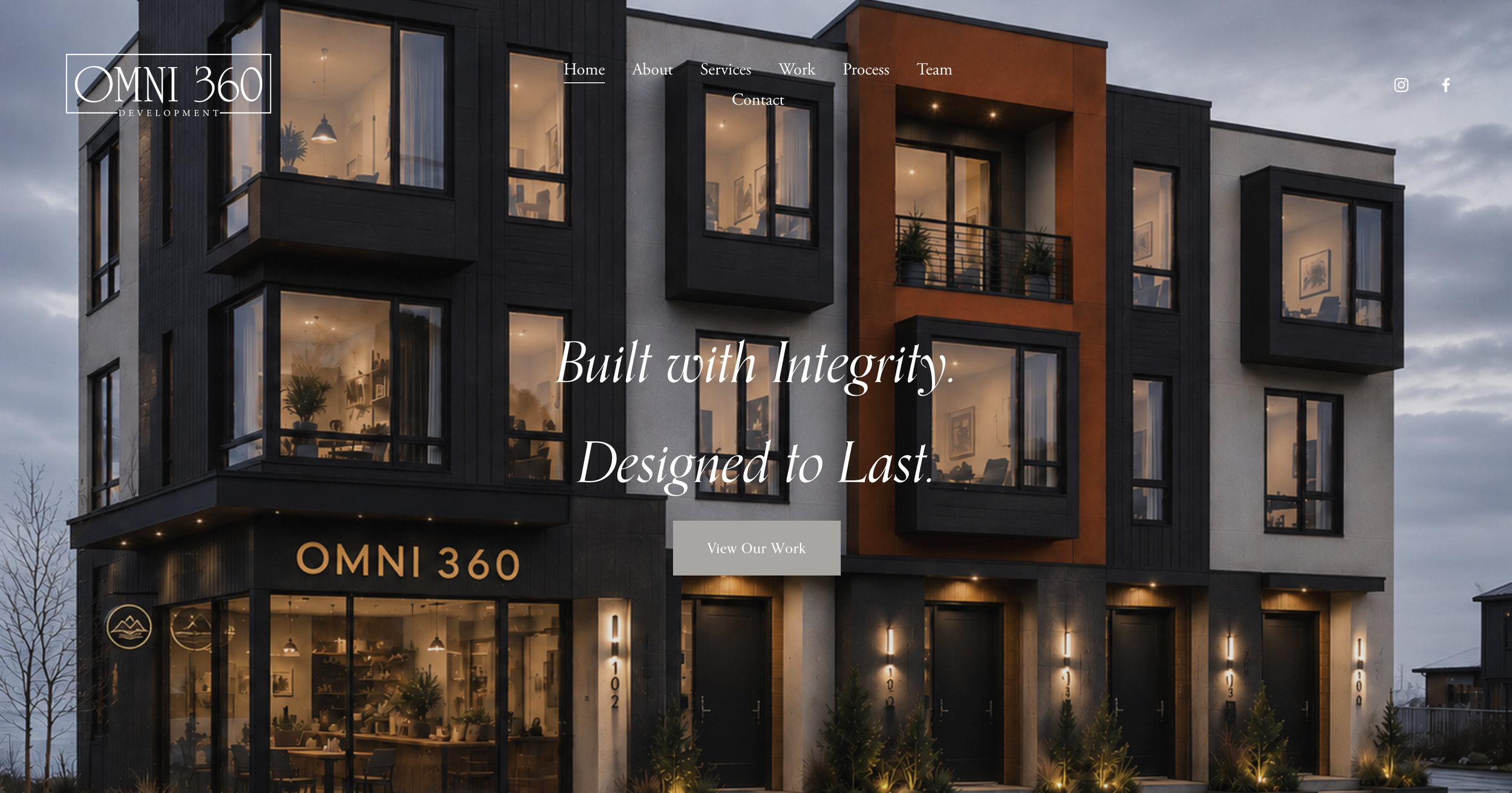 Modern multi-story apartment building with large illuminated windows at dusk, featuring black, white, and rust-colored exterior walls, with the text 'Built with Integrity. Designed to Last.' and navigation menu for a website.