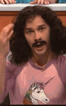 Man with curly hair and mustache wearing a pink shirt with unicorn graphic, talking or explaining something.
