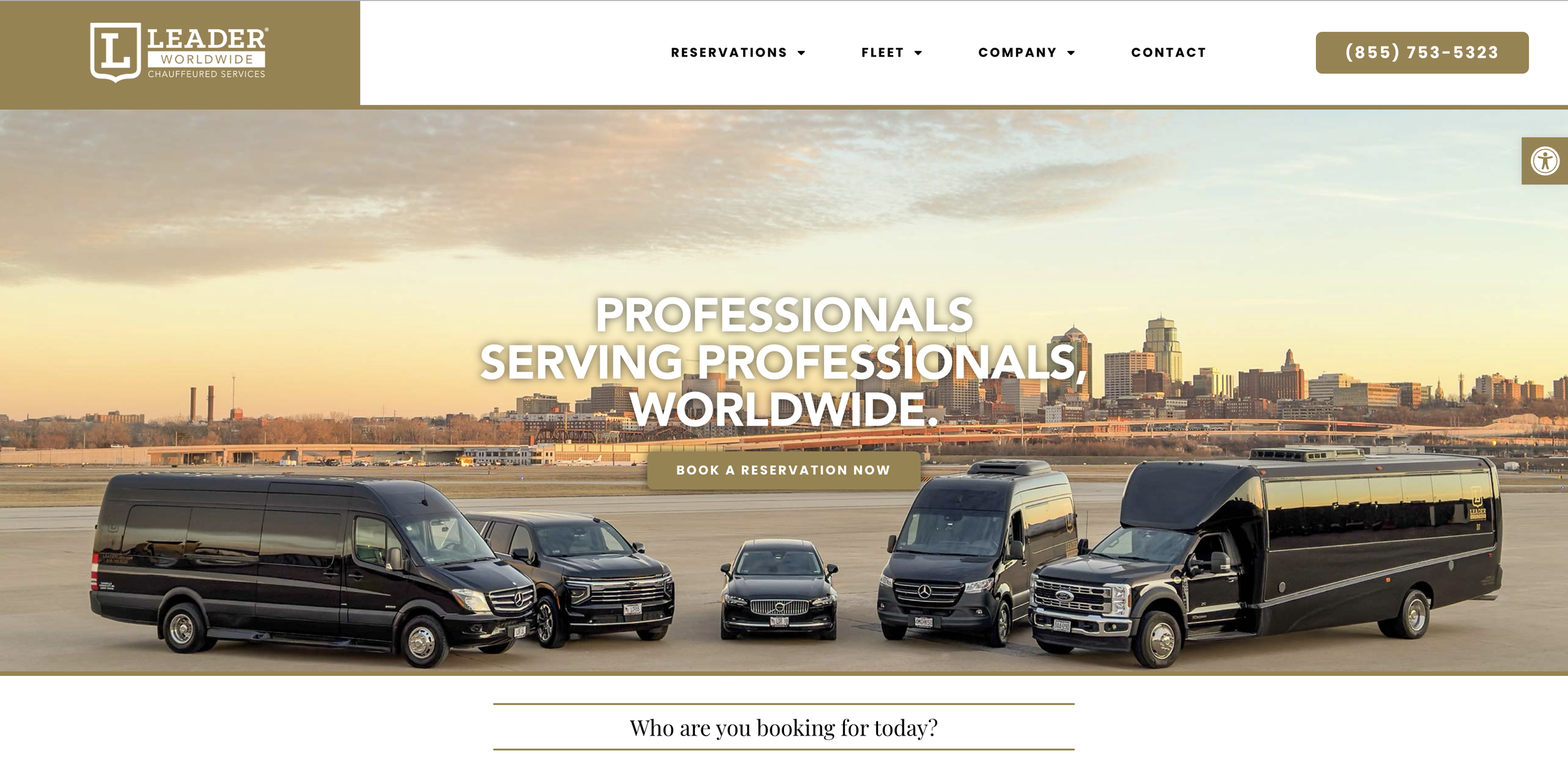 Front view of a fleet of luxury transportation vans parked on an airport tarmac with a city skyline in the background during sunset. The website header includes the logo 'Leader Worldwide Chauffeured Services' and contact information.