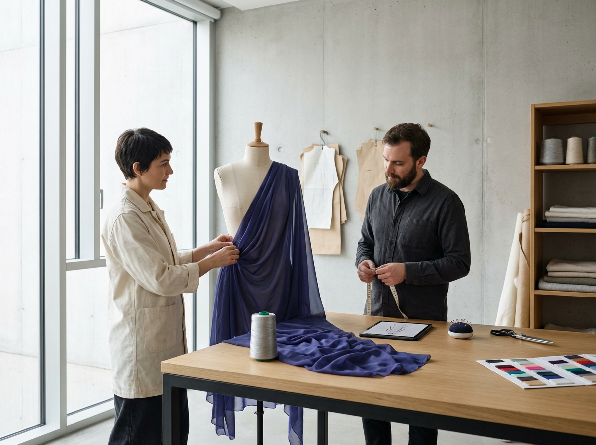 Two fashion designers working with a mannequin draped with blue fabric in a bright, modern studio with sewing supplies and fabric swatches.