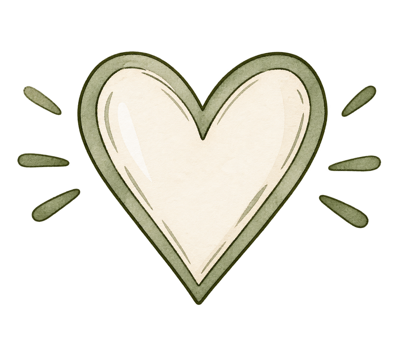 A watercolor illustration of a cream-colored heart with a green outline and green rays emanating from it.