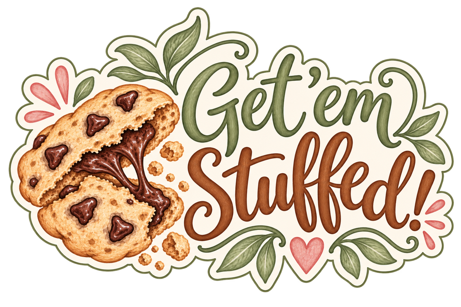 Decorative sign with the text 'Get 'em Stuffed!' next to an illustration of a cookie filled with chocolate and chocolate chunks.