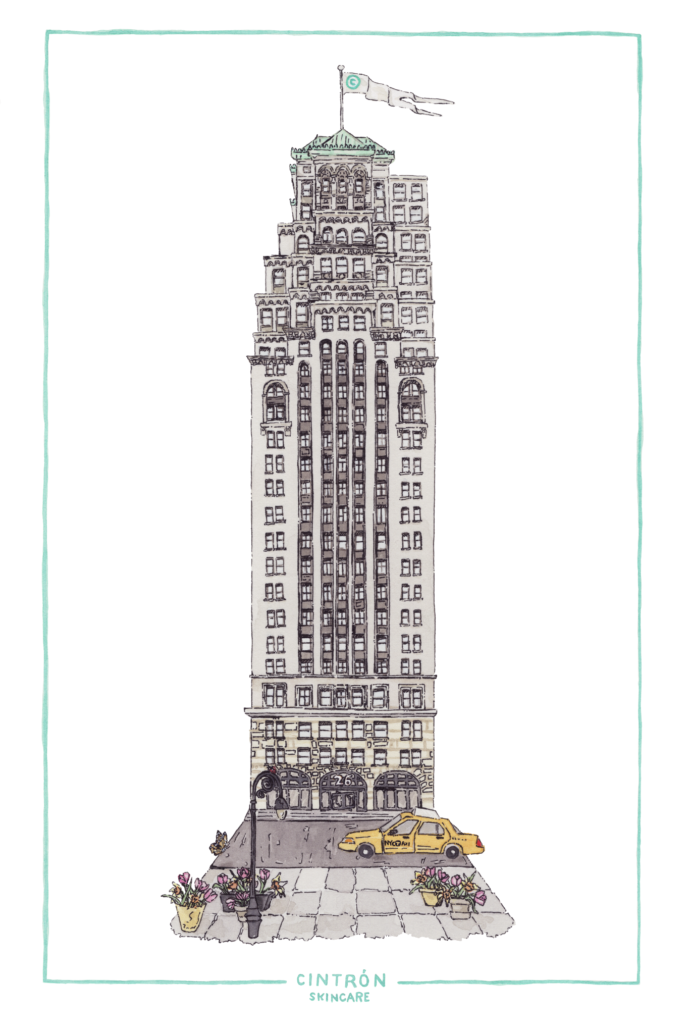 An illustration of 26 Court Street with intricate architectural details, a flag at the top, parked yellow taxi, street lamp, sidewalk with flower pots, and the words 'CINTRÓN SKINCARE' at the bottom.