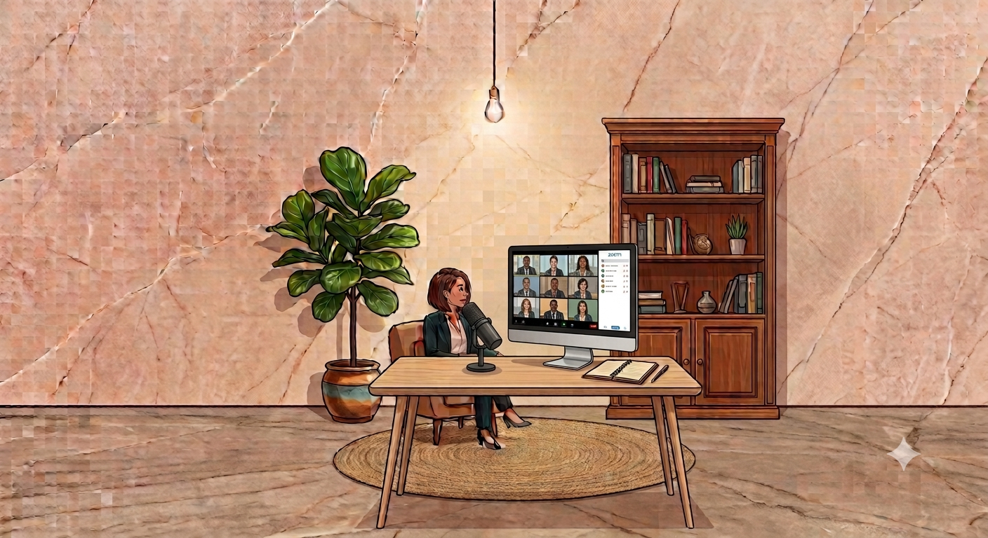 Illustration of a woman speaking into a microphone during a video conference at a desk, with a monitor showing participants, a potted plant, and bookshelf.