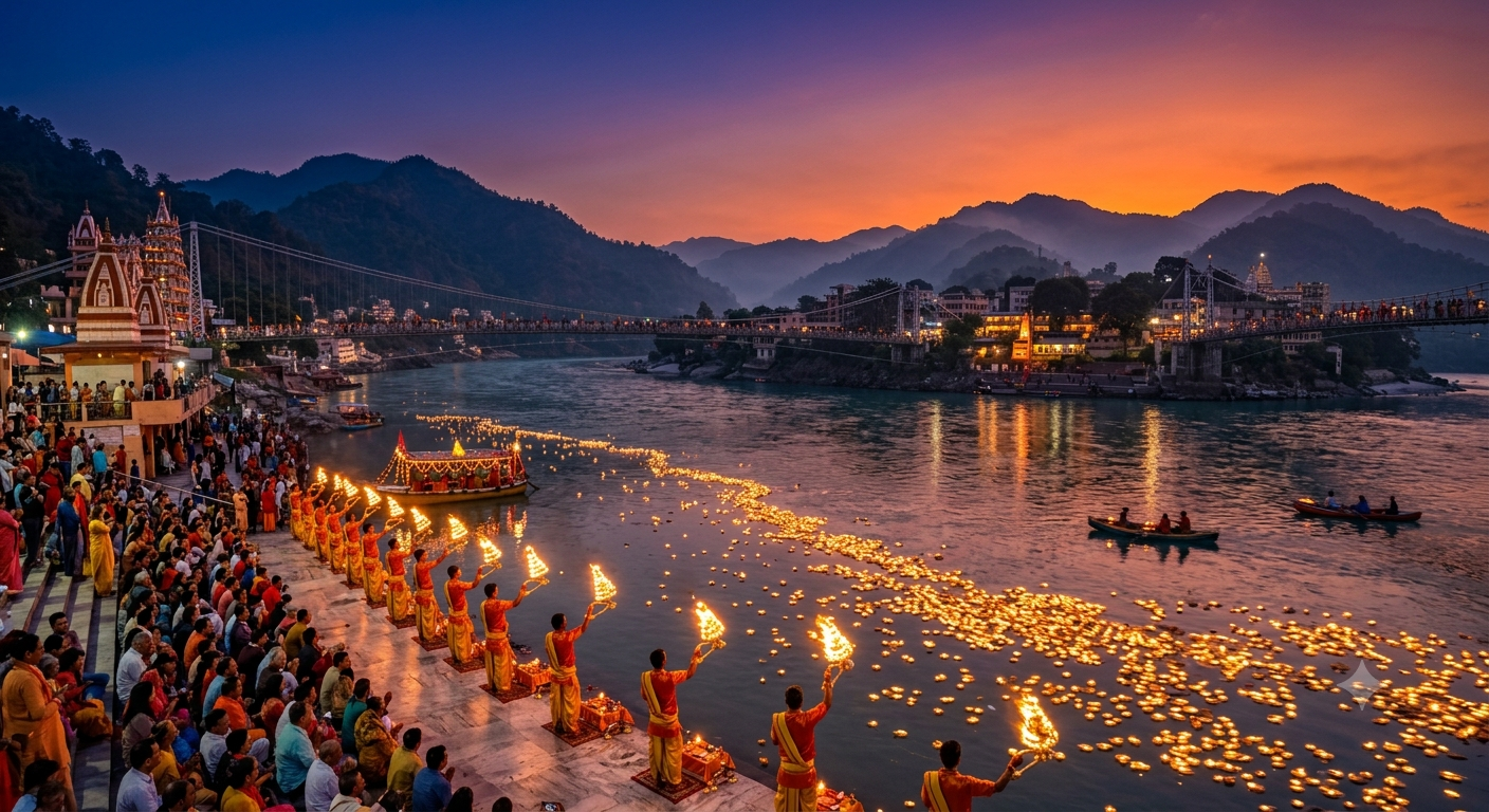 Evening Ganga Aarti ceremony on the Ganges River in Rishikesh, India, with priests holding fire lamps, floating diyas, crowds, suspension bridges, and mountains at sunset