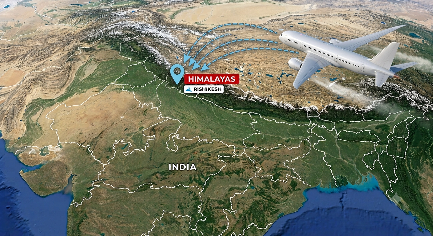 Map of India and the Himalayas near Rishikesh with an airplane flying toward the destination