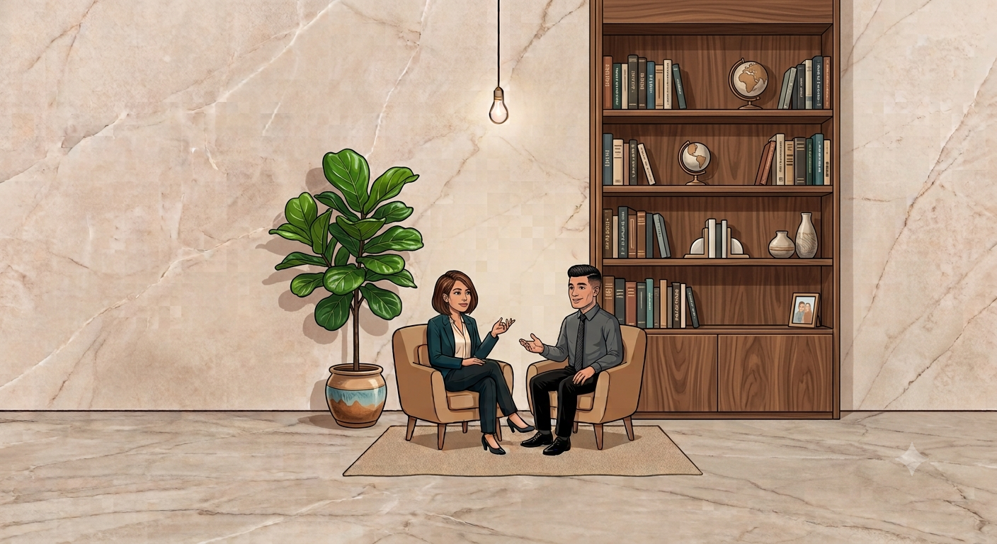 Illustration of two professionals having a conversation in armchairs beside a potted plant and wooden bookshelf.