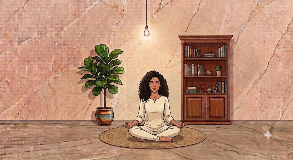Illustration of a woman meditating cross-legged on a woven rug in a cozy room with a potted fiddle-leaf fig and wooden bookcase