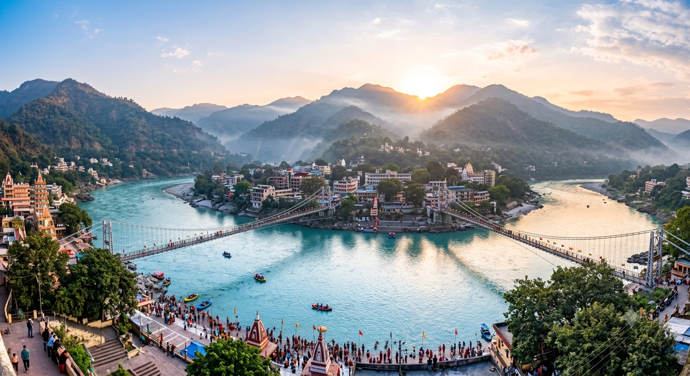Aerial view of Rishikesh, India, showing the Ganges River, suspension bridges, Hindu temples, pilgrims, and misty Himalayan foothills at sunrise.