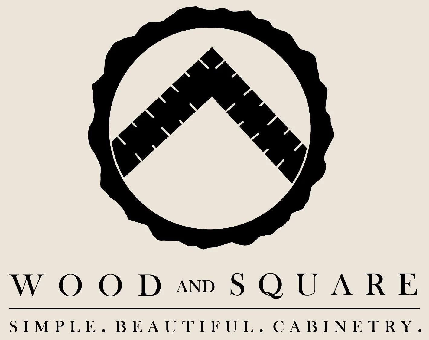 Logo for Wood and Square cabinetry featuring a circular saw blade with a carpenter's square inside, and the words 'Wood and Square' with the tagline 'Simple. Beautiful. Cabinetry.'