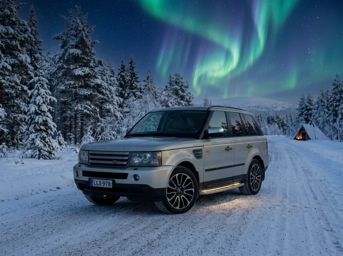Silver Range Rover parked on a snowy forest road beneath the northern lights