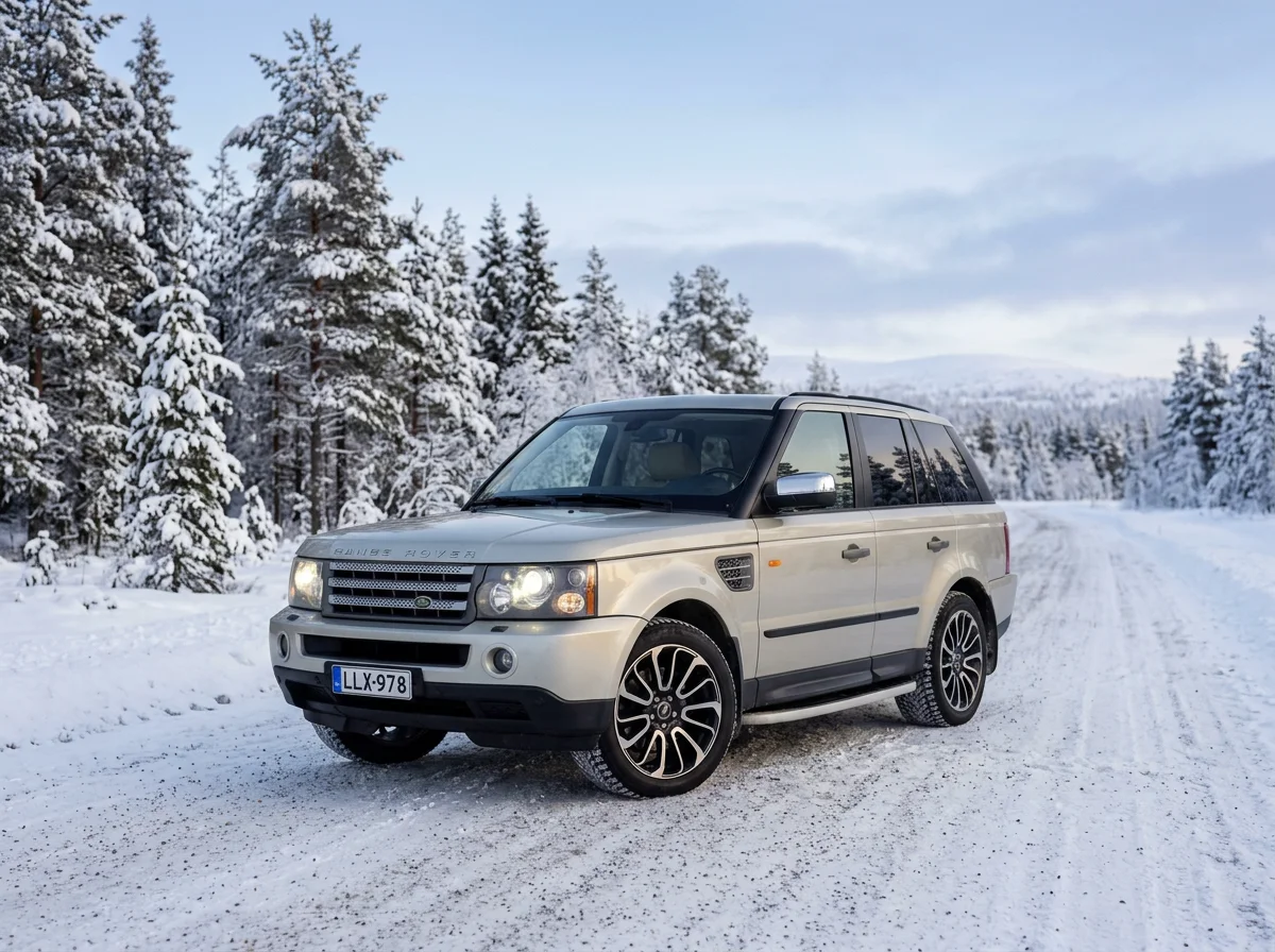 Silver Range Rover SUV parked on a snowy forest road surrounded by snow-covered pine trees