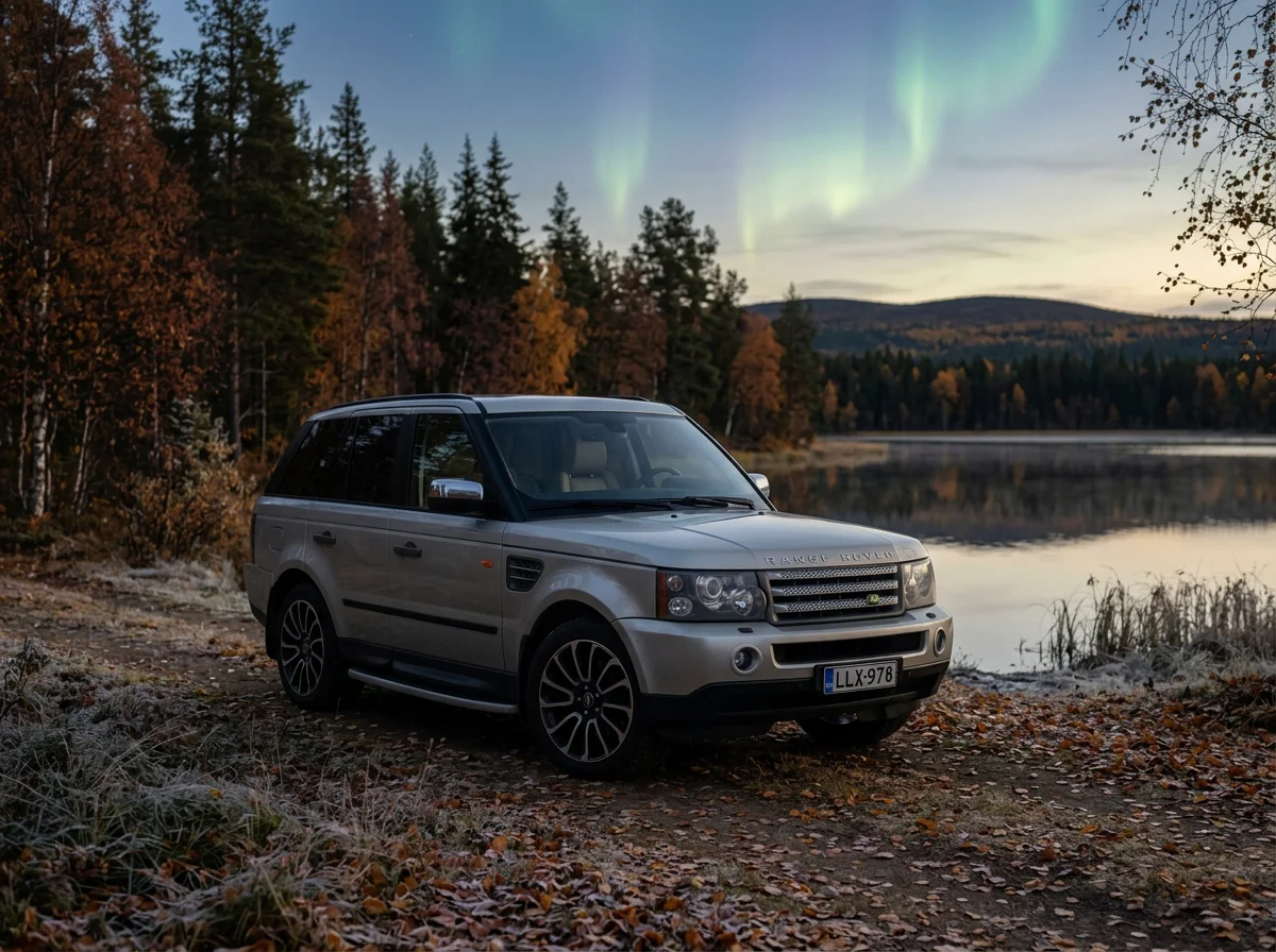 Silver Range Rover SUV parked beside an autumn lake beneath the northern lights