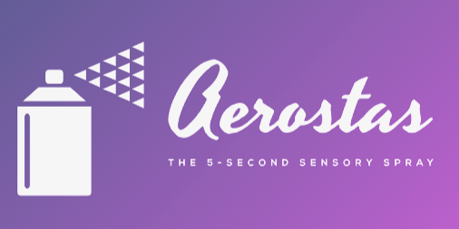 Logo for Aerostas, a 5-second sensory spray, featuring a spray can illustration on a purple gradient background.