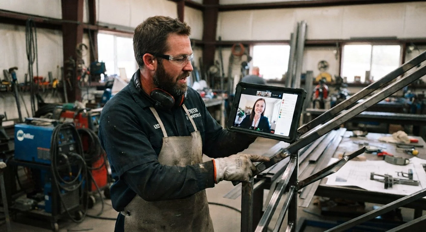 A shop owner using a video call to review workplace operations with a remote consultant.