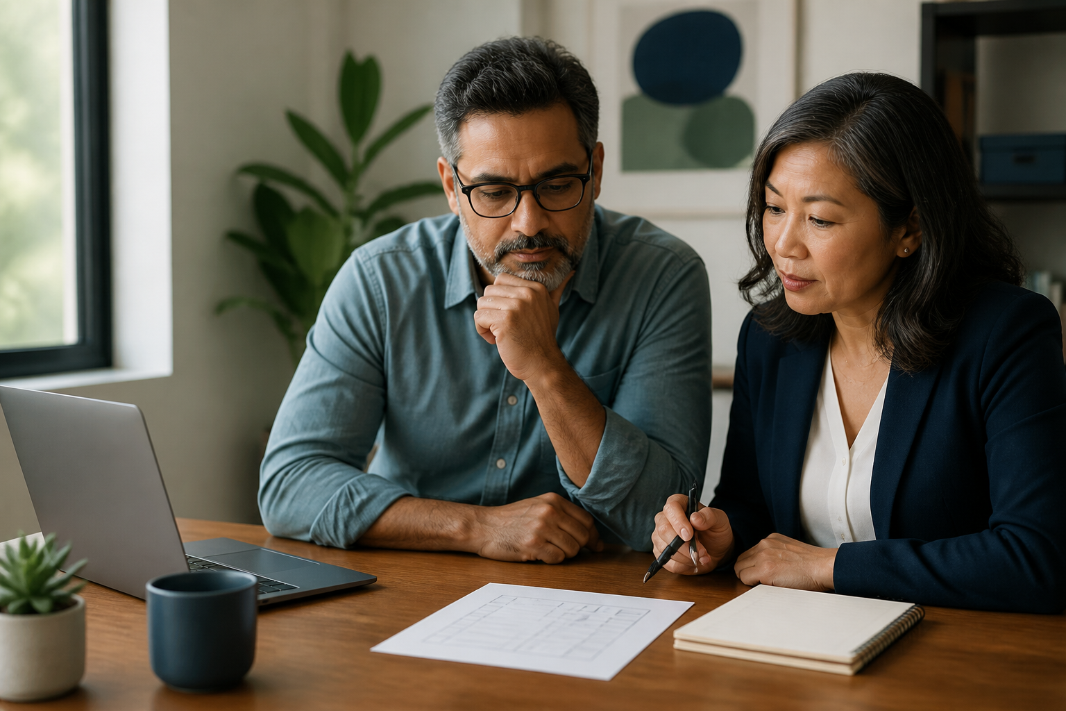Two professionals, a man and a woman, reviewing documents at a desk in an office.