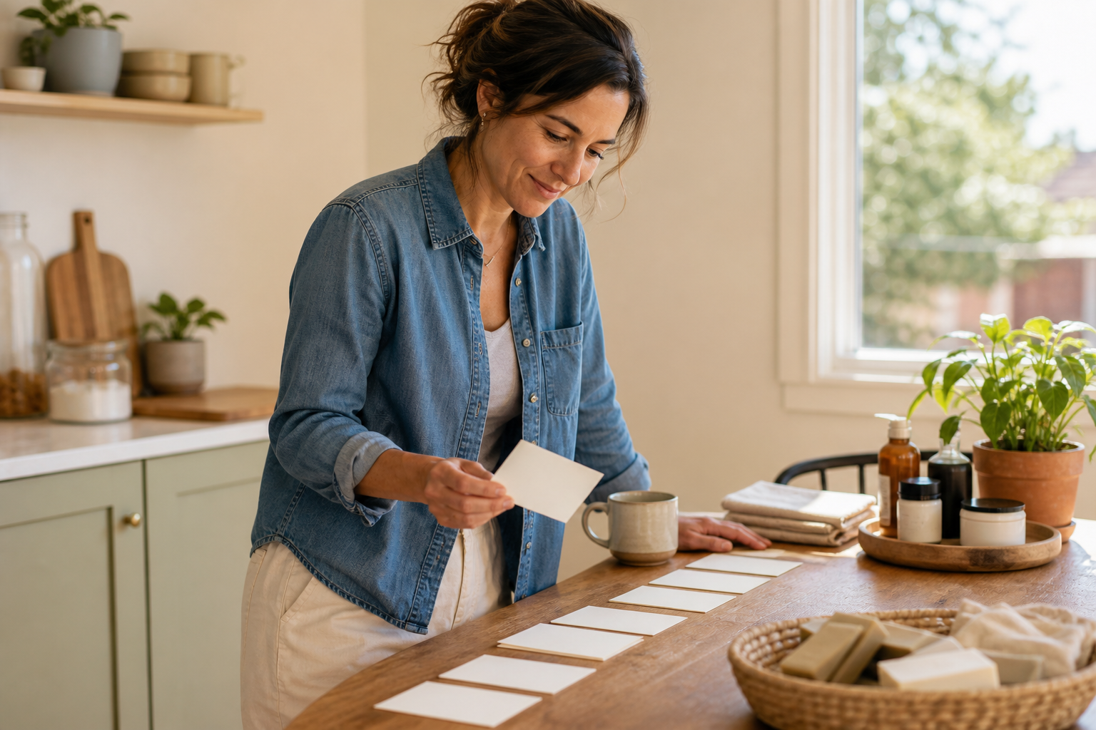 A business owner organizing product ideas and planning her next steps from a home workspace.