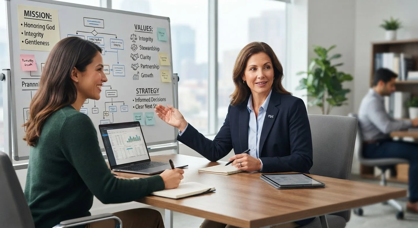 Two women having a business meeting in a modern office, with one woman speaking and the other woman listening, seated at a table with notebooks, laptops, and digital tablets. In the background, there is a whiteboard with diagrams and notes about mission, values, strategy, and planning.