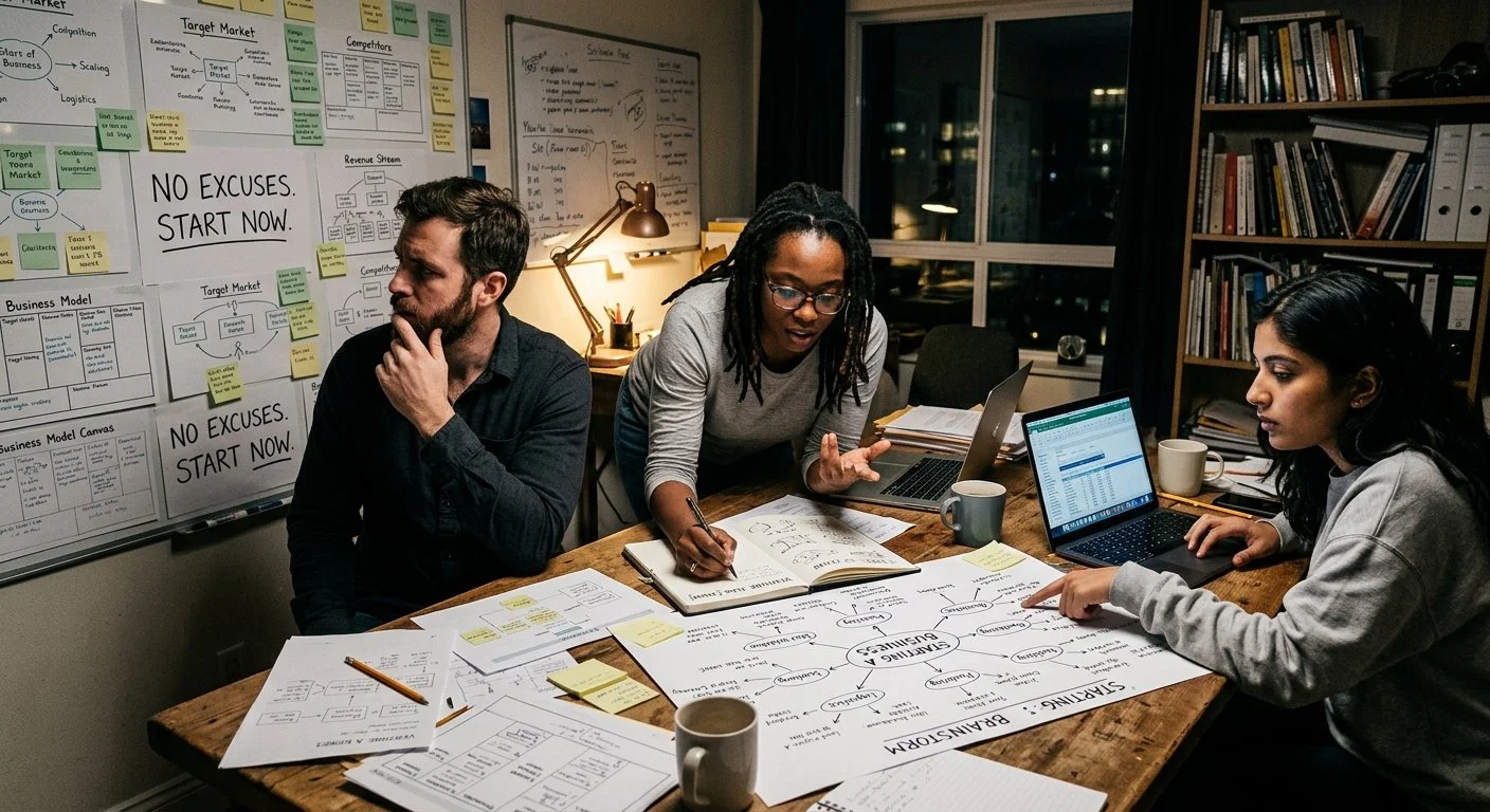 Business owners discussing a new business idea and reviewing plans together.