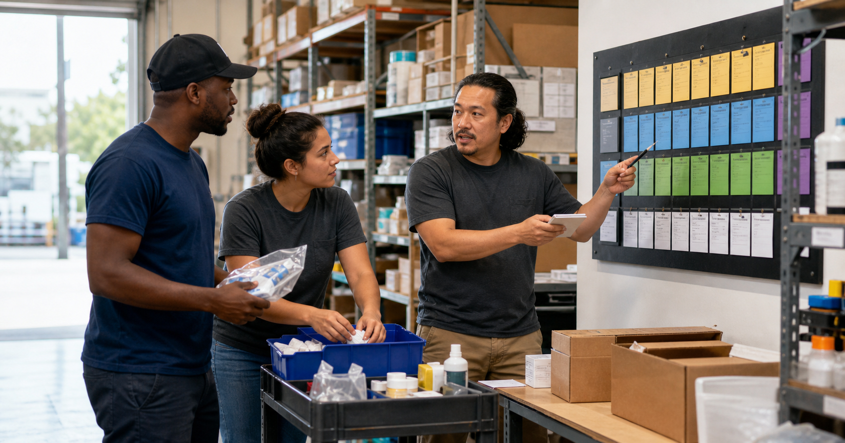 A small business team reviewing a color-coded operations schedule in their workplace.