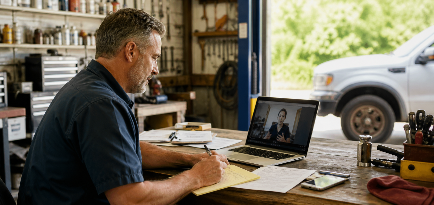 A man in a workshop or garage taking notes while participating in a video call on his laptop, with tools and documents on the workbench, and a vehicle visible outside.